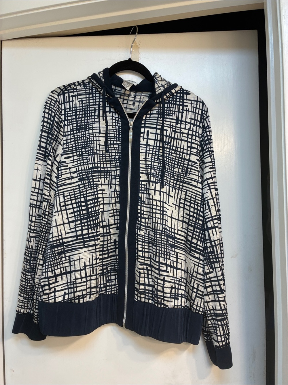 Chico's Navy and White Abstract Grid Zip Hoodie